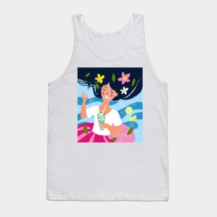 cartoon girl on the background of the sea drinks a mojito cocktail in summer cartoon girl on the background of the sea drinks a mojito cocktail in summer Tank Top